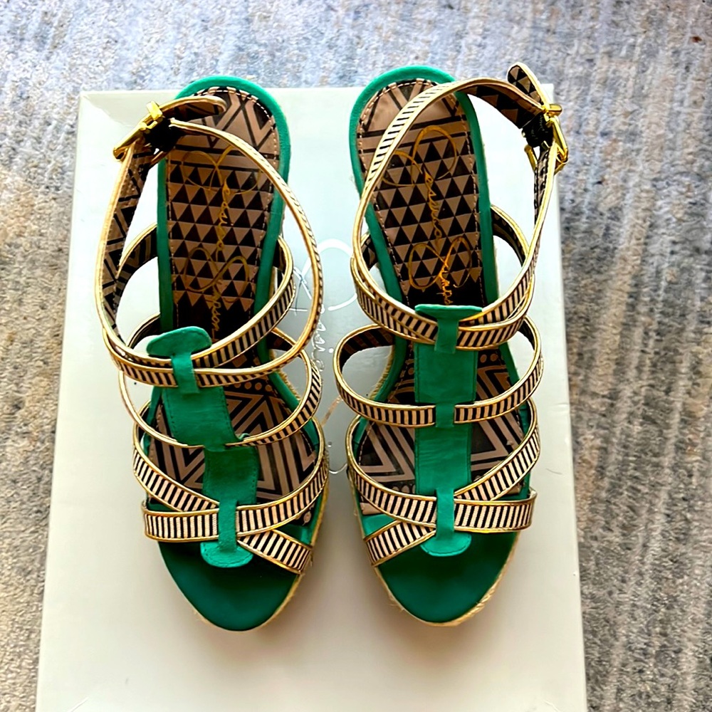 Jessica Simpson Green and Gold black Wedges